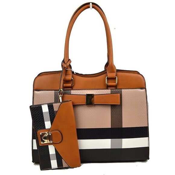 2N1 Checker Plaid print Ribbon Detail Tote - Picture 1 of 9